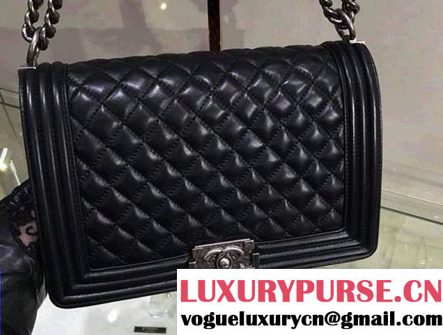 Chanel New Medium Quilted Boy Flap Shoulder Bag Black in Lambskin Leather with Silver Hardware