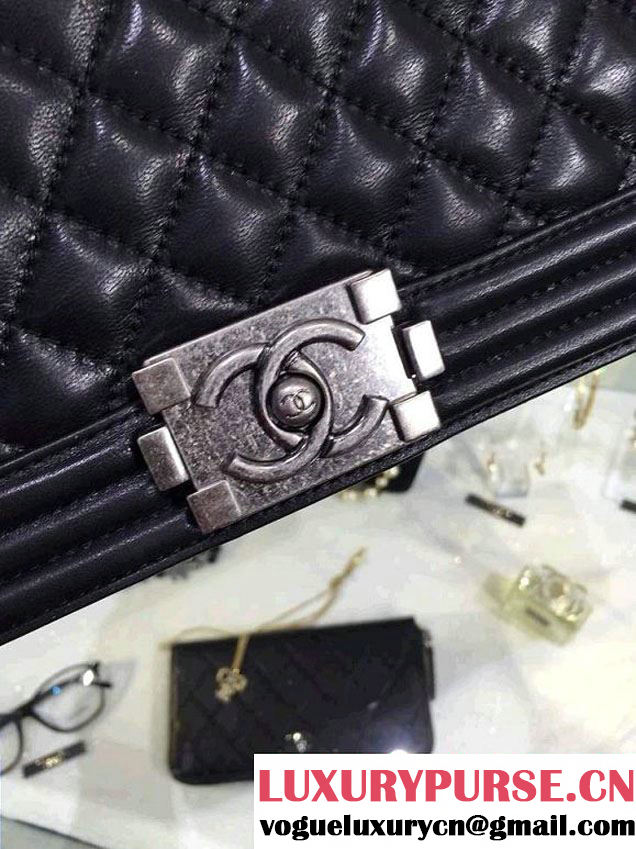 Chanel New Medium Quilted Boy Flap Shoulder Bag Black in Lambskin Leather with Silver Hardware