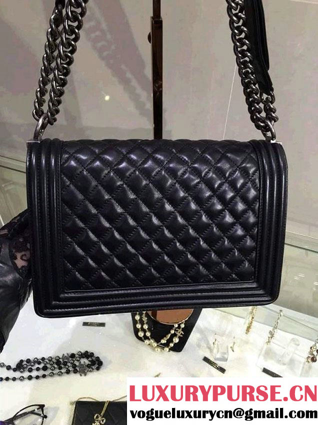 Chanel New Medium Quilted Boy Flap Shoulder Bag Black in Lambskin Leather with Silver Hardware