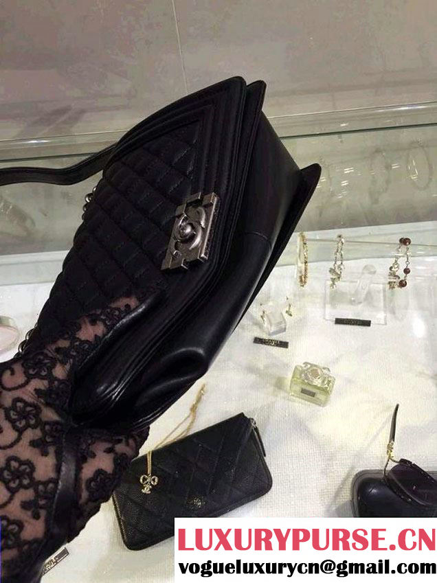 Chanel New Medium Quilted Boy Flap Shoulder Bag Black in Lambskin Leather with Silver Hardware