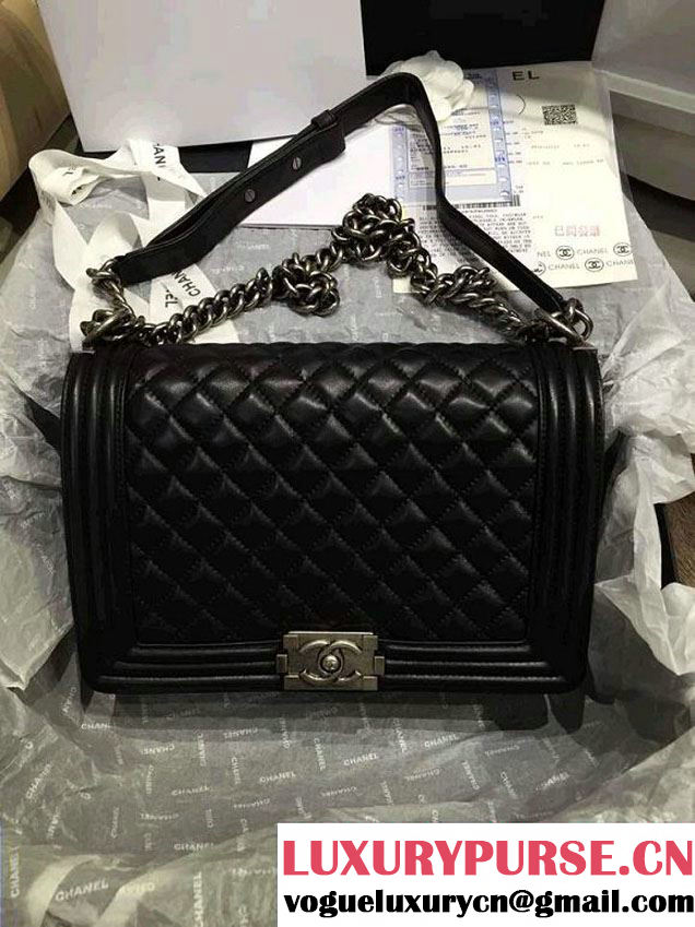Chanel New Medium Quilted Boy Flap Shoulder Bag Black in Lambskin Leather with Silver Hardware
