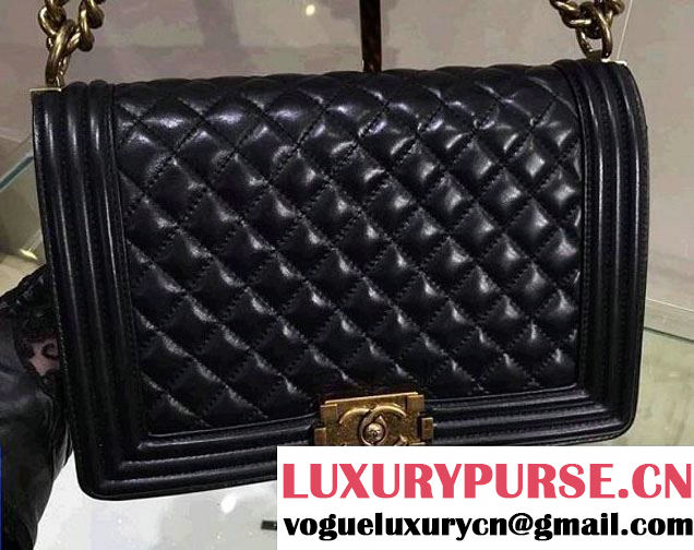 Chanel New Medium Quilted Boy Flap Shoulder Bag Black in Lambskin Leather with Golden Hardware