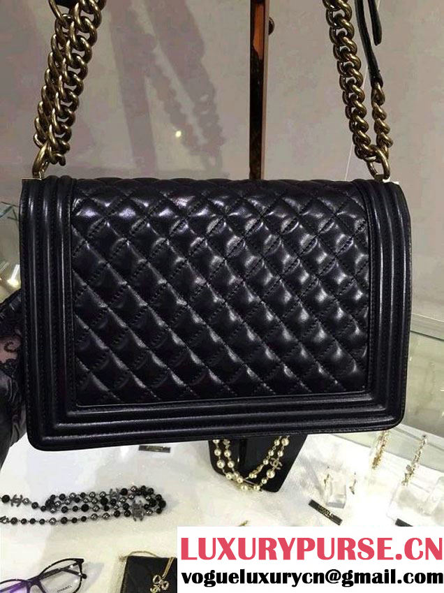 Chanel New Medium Quilted Boy Flap Shoulder Bag Black in Lambskin Leather with Golden Hardware