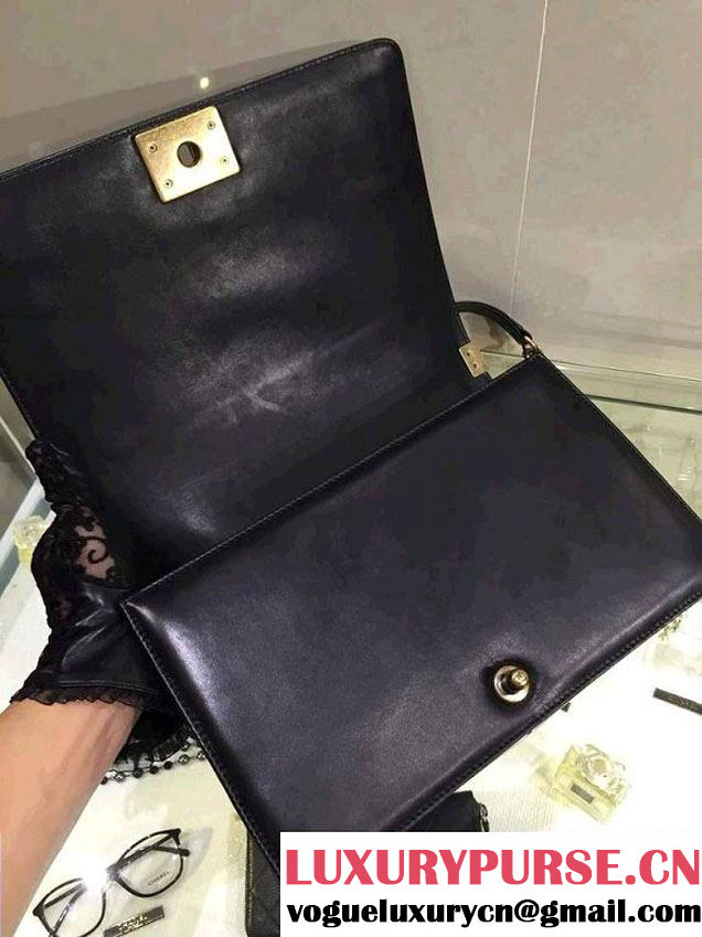 Chanel New Medium Quilted Boy Flap Shoulder Bag Black in Lambskin Leather with Golden Hardware