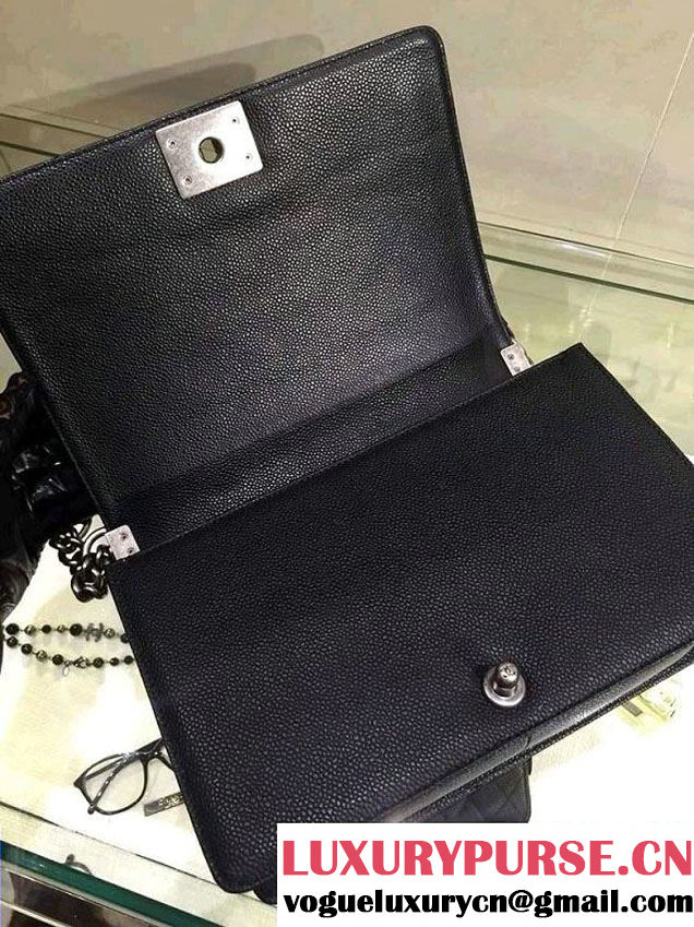 Chanel New Medium Quilted Boy Flap Shoulder Bag in Black Caviar Leather with Silver Hardware