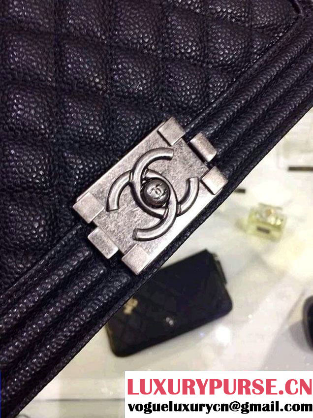 Chanel New Medium Quilted Boy Flap Shoulder Bag in Black Caviar Leather with Silver Hardware