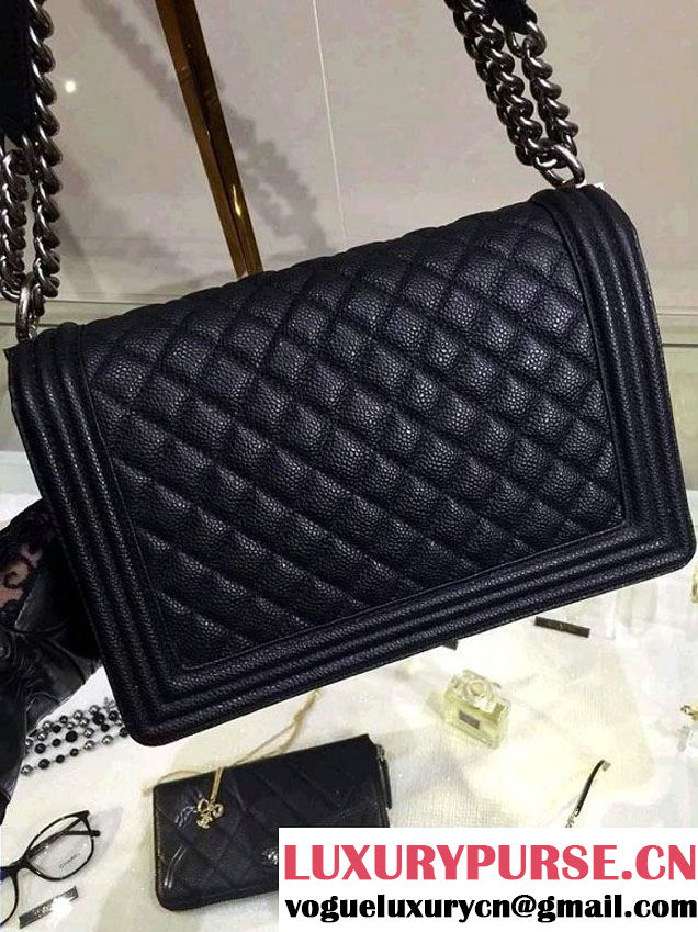 Chanel New Medium Quilted Boy Flap Shoulder Bag in Black Caviar Leather with Silver Hardware