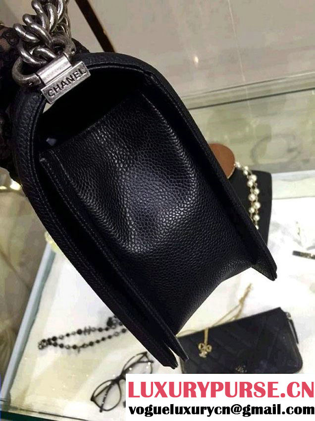 Chanel New Medium Quilted Boy Flap Shoulder Bag in Black Caviar Leather with Silver Hardware