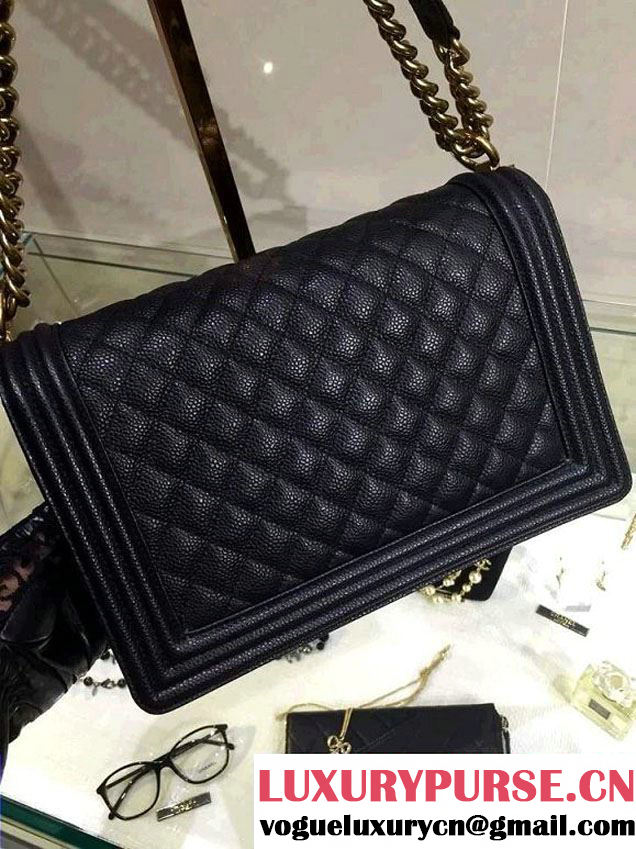 Chanel New Medium Quilted Boy Flap Shoulder Bag Black in Caviar Leather with Golden Hardware