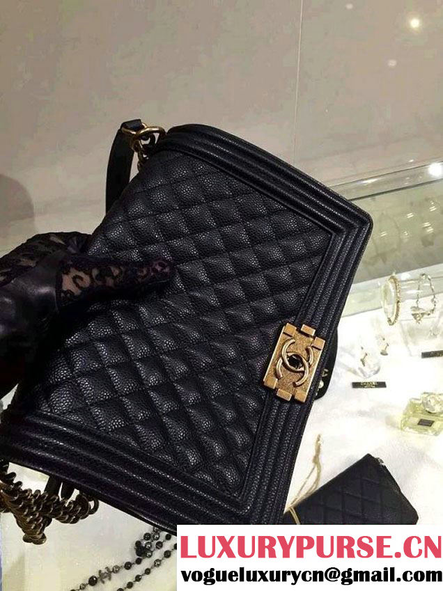 Chanel New Medium Quilted Boy Flap Shoulder Bag Black in Caviar Leather with Golden Hardware