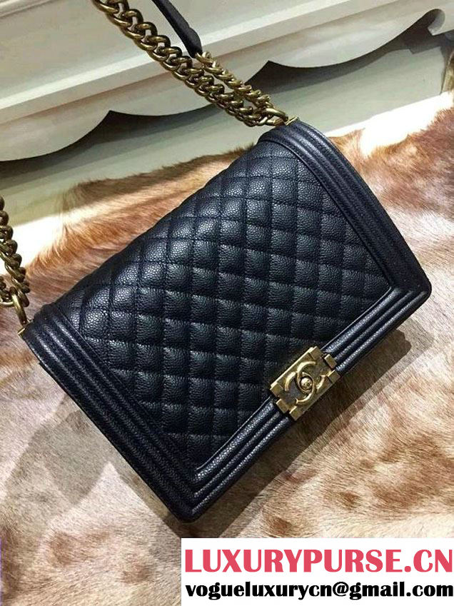 Chanel New Medium Quilted Boy Flap Shoulder Bag Black in Caviar Leather with Golden Hardware
