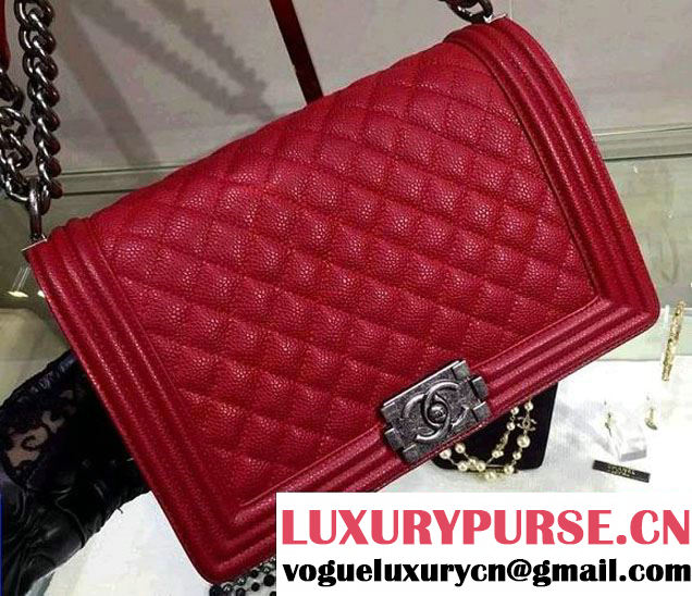 Chanel New Medium Quilted Boy Flap Shoulder Bag Red in Caviar Leather with Silver Hardware