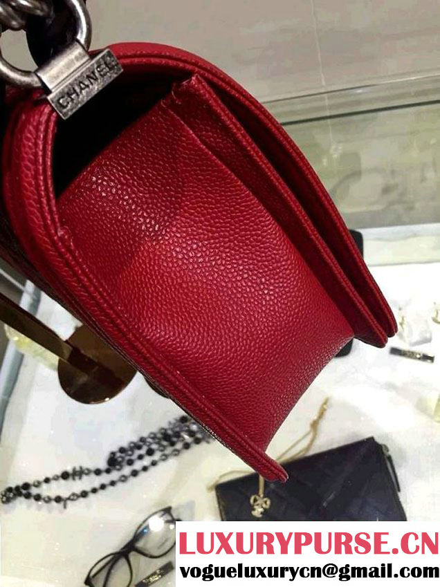 Chanel New Medium Quilted Boy Flap Shoulder Bag Red in Caviar Leather with Silver Hardware