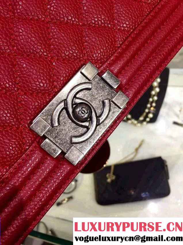 Chanel New Medium Quilted Boy Flap Shoulder Bag Red in Caviar Leather with Silver Hardware