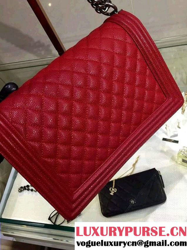 Chanel New Medium Quilted Boy Flap Shoulder Bag Red in Caviar Leather with Silver Hardware