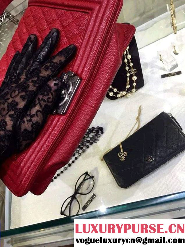 Chanel New Medium Quilted Boy Flap Shoulder Bag Red in Caviar Leather with Silver Hardware