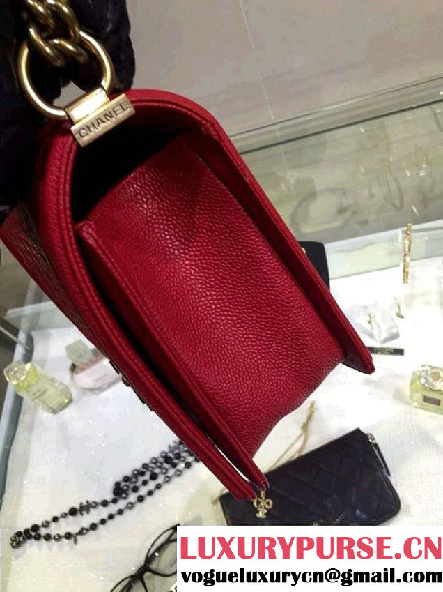 Chanel New Medium Quilted Boy Flap Shoulder Bag Red in Caviar Leather with Golden Hardware
