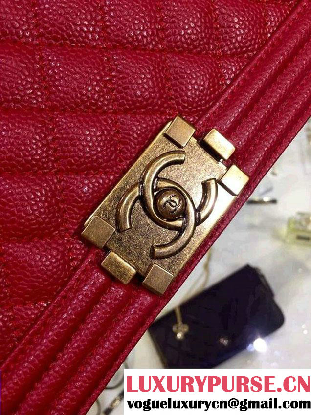 Chanel New Medium Quilted Boy Flap Shoulder Bag Red in Caviar Leather with Golden Hardware