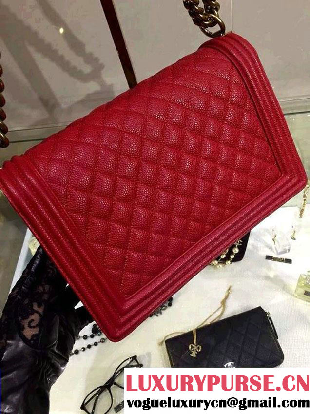 Chanel New Medium Quilted Boy Flap Shoulder Bag Red in Caviar Leather with Golden Hardware