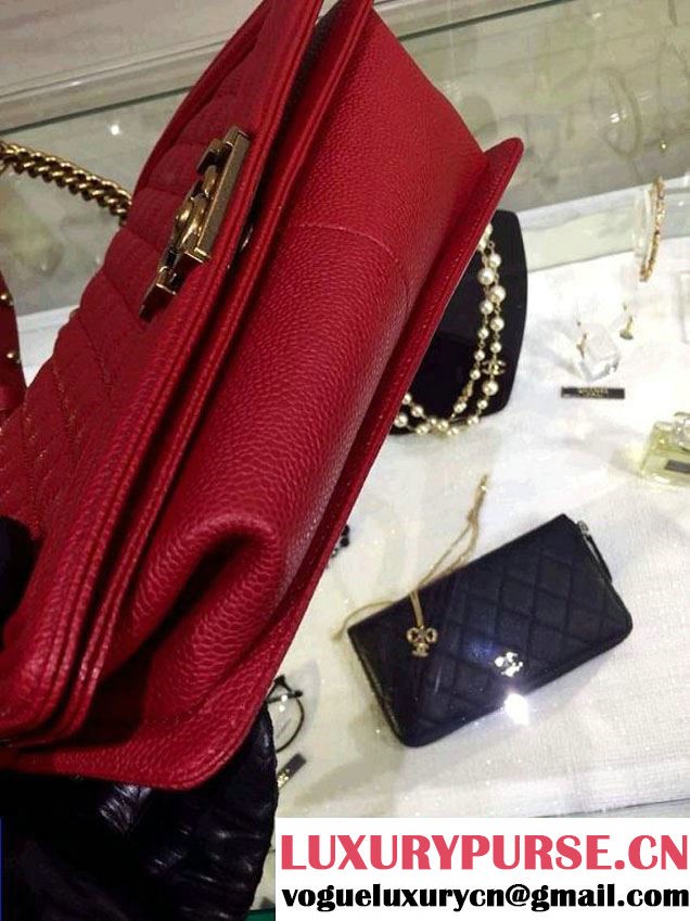 Chanel New Medium Quilted Boy Flap Shoulder Bag Red in Caviar Leather with Golden Hardware