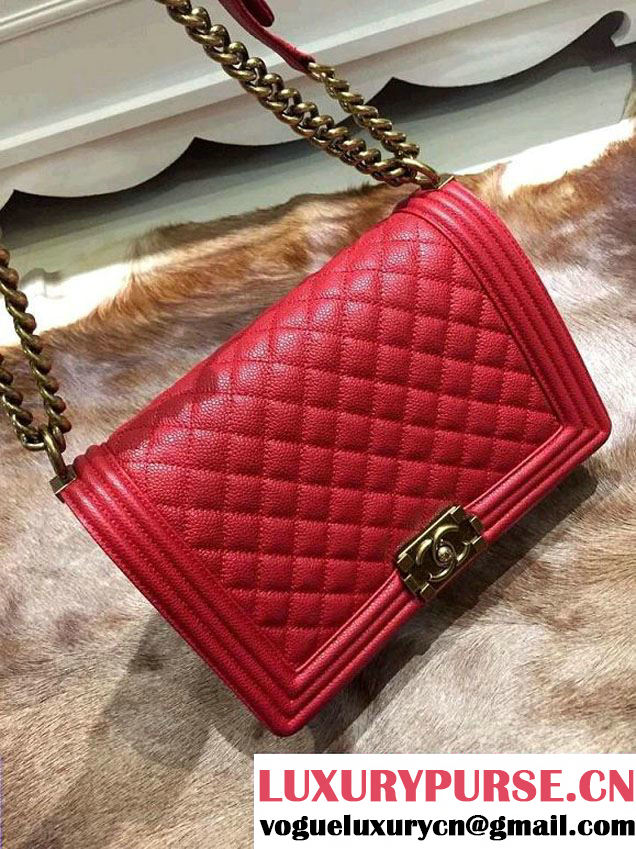 Chanel New Medium Quilted Boy Flap Shoulder Bag Red in Caviar Leather with Golden Hardware
