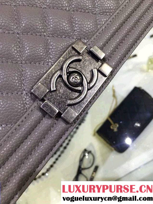 Chanel New Medium Quilted Boy Flap Shoulder Bag Gray in Caviar Leather with Silver Hardware