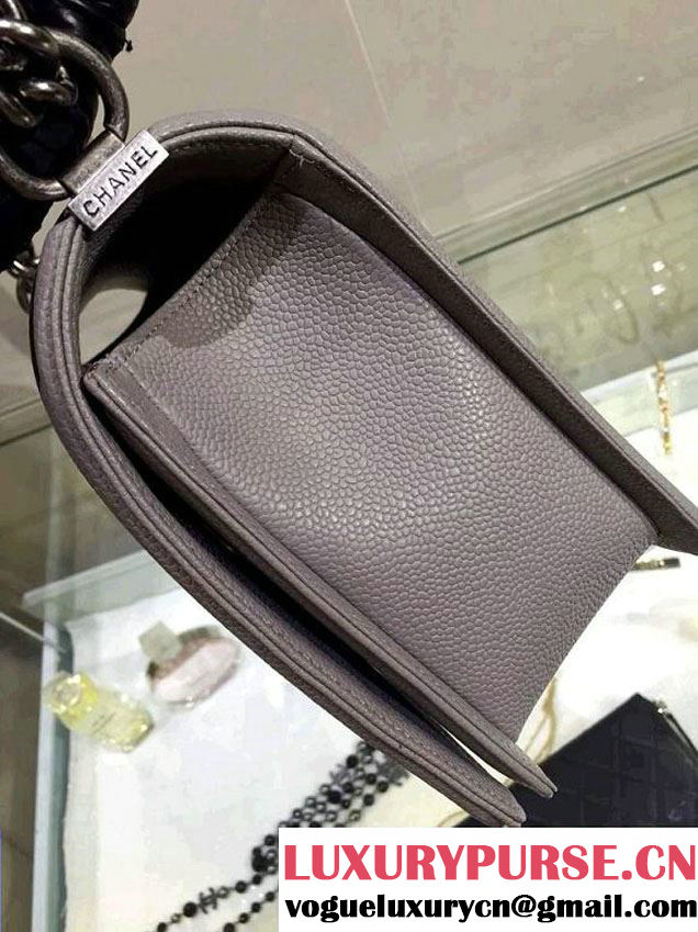 Chanel New Medium Quilted Boy Flap Shoulder Bag Gray in Caviar Leather with Silver Hardware