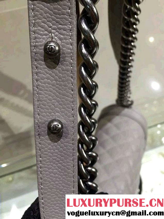Chanel New Medium Quilted Boy Flap Shoulder Bag Gray in Caviar Leather with Silver Hardware