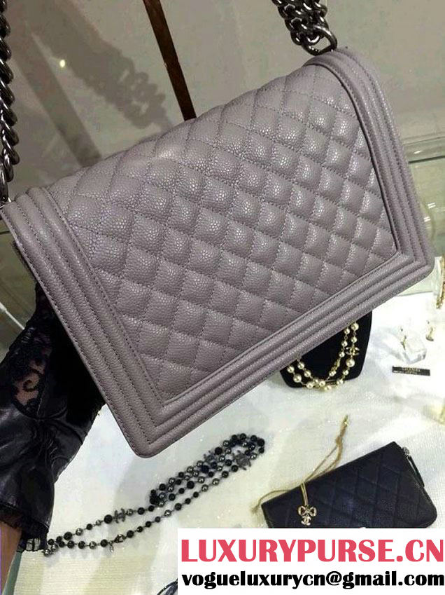 Chanel New Medium Quilted Boy Flap Shoulder Bag Gray in Caviar Leather with Silver Hardware