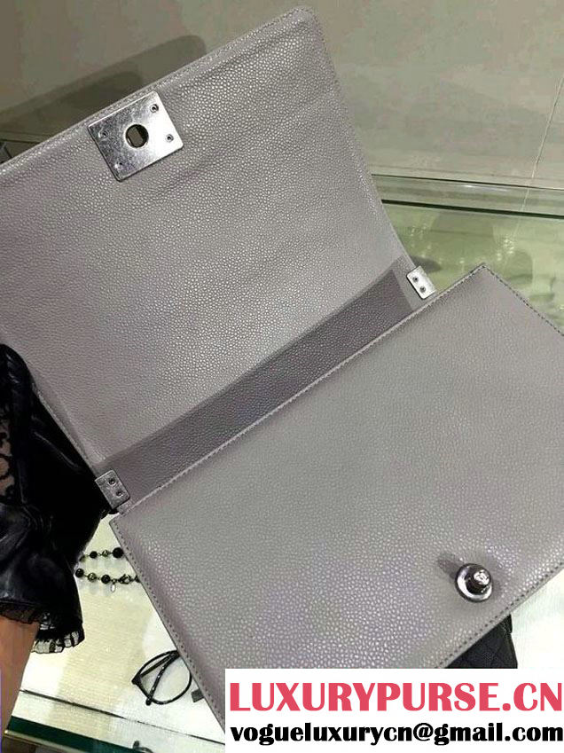 Chanel New Medium Quilted Boy Flap Shoulder Bag Gray in Caviar Leather with Silver Hardware