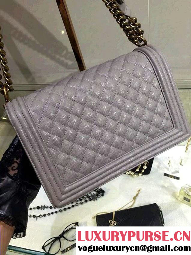 Chanel New Medium Quilted Boy Flap Shoulder Bag Gray in Caviar Leather with Golden Hardware