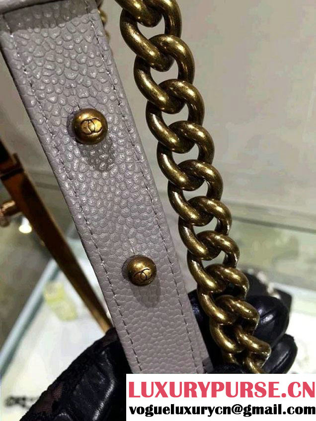 Chanel New Medium Quilted Boy Flap Shoulder Bag Gray in Caviar Leather with Golden Hardware