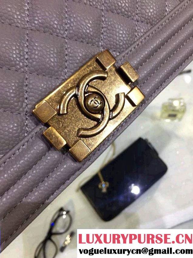 Chanel New Medium Quilted Boy Flap Shoulder Bag Gray in Caviar Leather with Golden Hardware