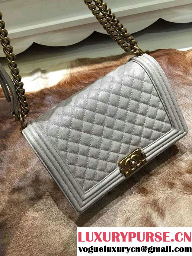 Chanel New Medium Quilted Boy Flap Shoulder Bag Gray in Caviar Leather with Golden Hardware