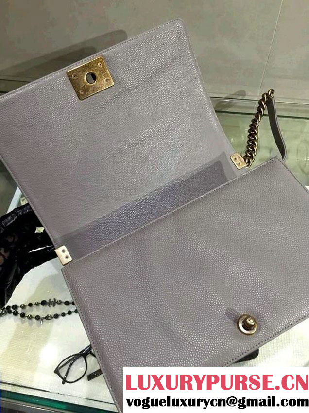Chanel New Medium Quilted Boy Flap Shoulder Bag Gray in Caviar Leather with Golden Hardware