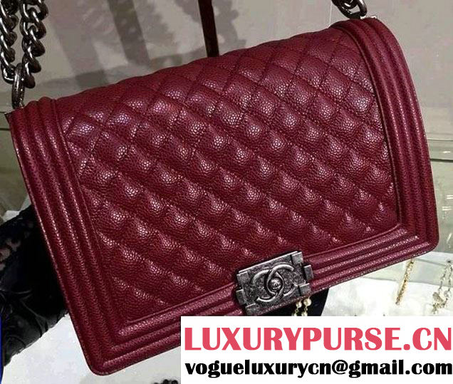 Chanel New Medium Quilted Boy Flap Shoulder Bag Burgundy in Caviar Leather with Silver Hardware