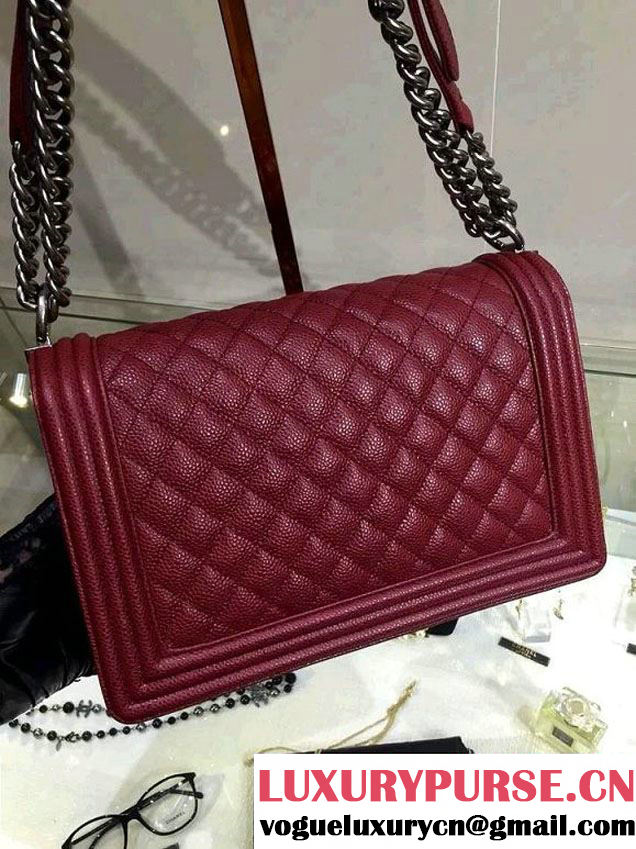 Chanel New Medium Quilted Boy Flap Shoulder Bag Burgundy in Caviar Leather with Silver Hardware