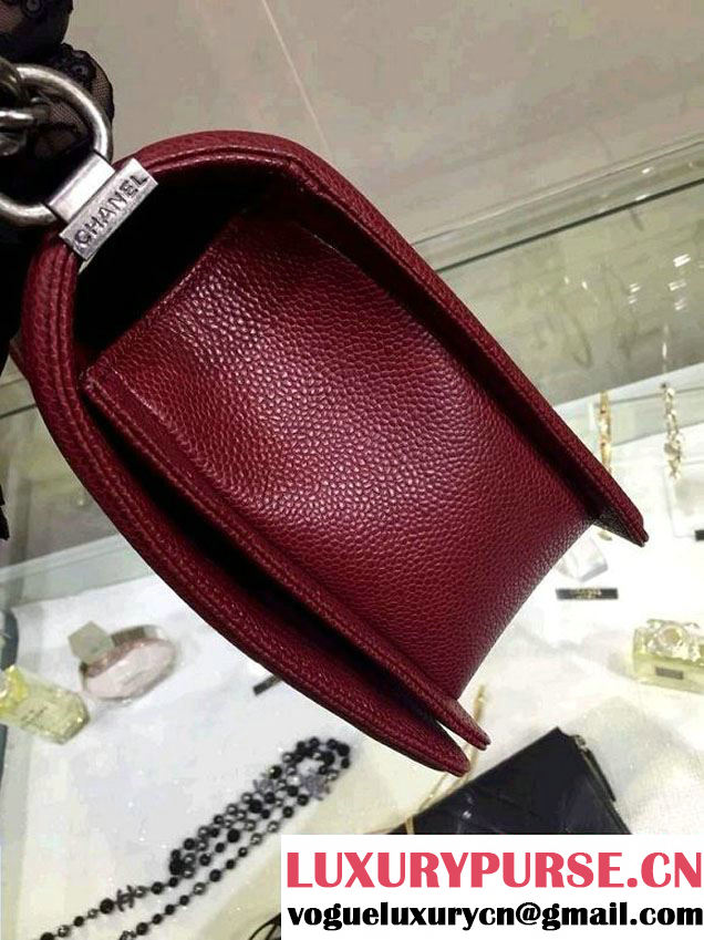 Chanel New Medium Quilted Boy Flap Shoulder Bag Burgundy in Caviar Leather with Silver Hardware
