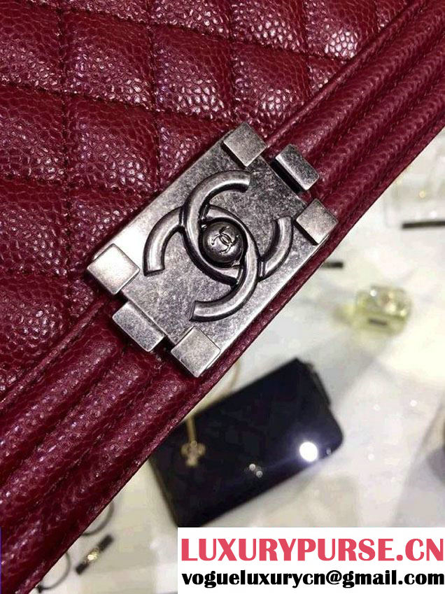 Chanel New Medium Quilted Boy Flap Shoulder Bag Burgundy in Caviar Leather with Silver Hardware