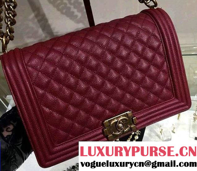 Chanel New Medium Quilted Boy Flap Shoulder Bag Burgundy in Caviar Leather with Golden Hardware