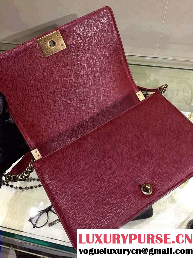Chanel New Medium Quilted Boy Flap Shoulder Bag Burgundy in Caviar Leather with Golden Hardware
