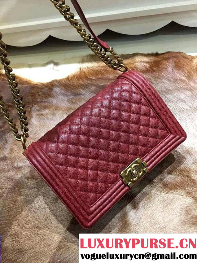 Chanel New Medium Quilted Boy Flap Shoulder Bag Burgundy in Caviar Leather with Golden Hardware