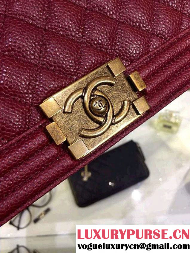 Chanel New Medium Quilted Boy Flap Shoulder Bag Burgundy in Caviar Leather with Golden Hardware