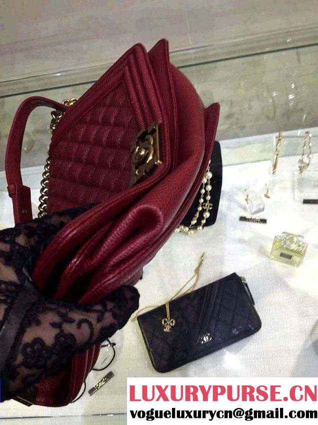 Chanel New Medium Quilted Boy Flap Shoulder Bag Burgundy in Caviar Leather with Golden Hardware
