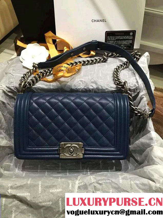 Chanel Medium Boy Flap Shoulder Bag A67086 in Caviar Leather Royal Blue with Silver Hardware