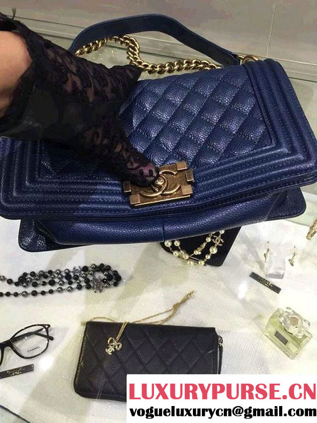 Chanel Medium Boy Flap Shoulder Bag A67086 in Caviar Leather Royal Blue with Golden Hardware