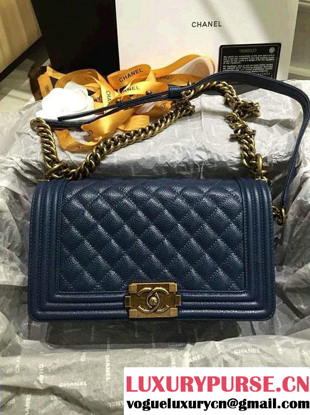 Chanel Medium Boy Flap Shoulder Bag A67086 in Caviar Leather Royal Blue with Golden Hardware