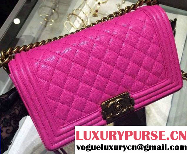 Chanel Medium Boy Flap Shoulder Bag A67086 in Caviar Leather Fushia with Golden Hardware