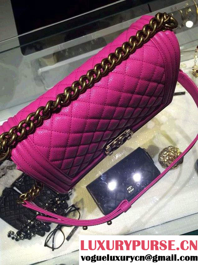 Chanel Medium Boy Flap Shoulder Bag A67086 in Caviar Leather Fushia with Golden Hardware