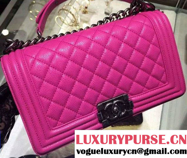 Chanel Medium Boy Flap Shoulder Bag A67086 in Caviar Leather Fushia with SIlver Hardware